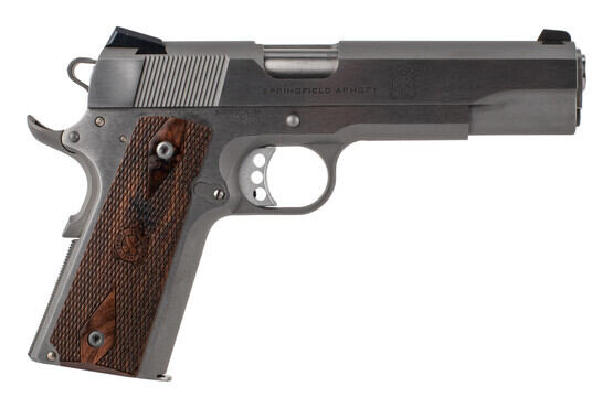 Springfield Armory 1911 Garrison .45 ACP Handgun has a stainless steel frame and slide